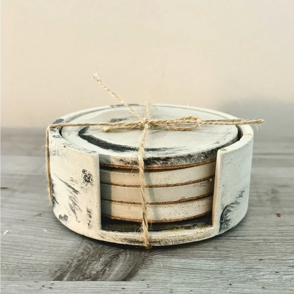 Handmade Marbled Concrete Coasters Set of 4 with holder– Waterproof, Cork-Backed